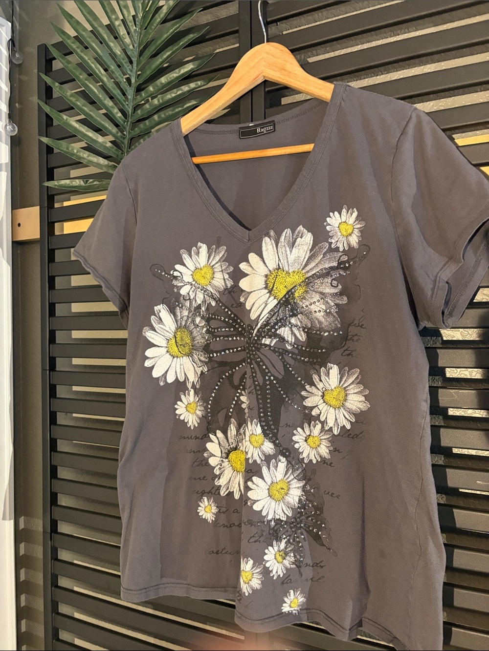 Charcoal V-Neck Tee with Daisy & Butterfly Graphic